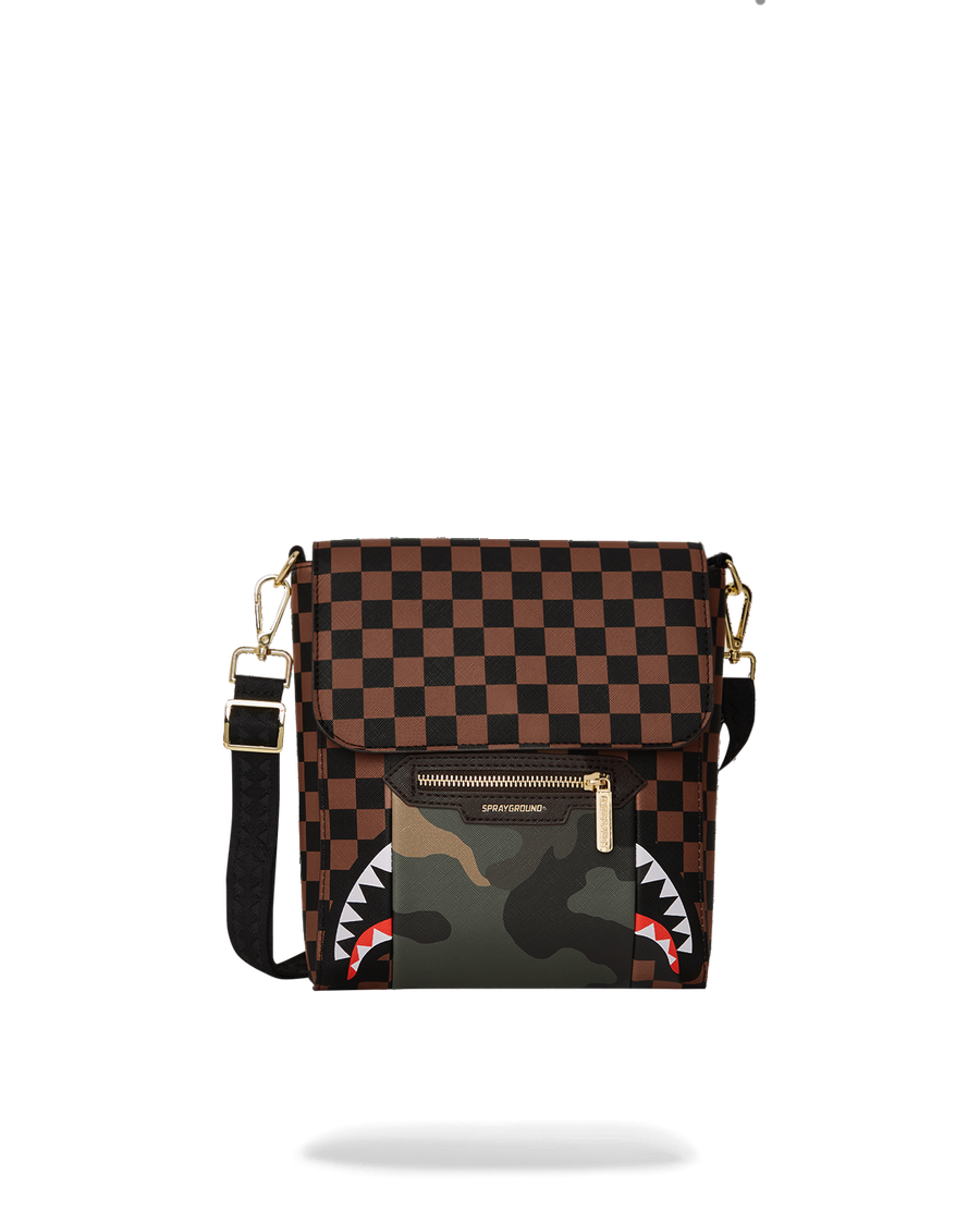 EXTERIOR GOLD ZIP POCKET SHARKS IN PARIS MESSENGER SLING BAG